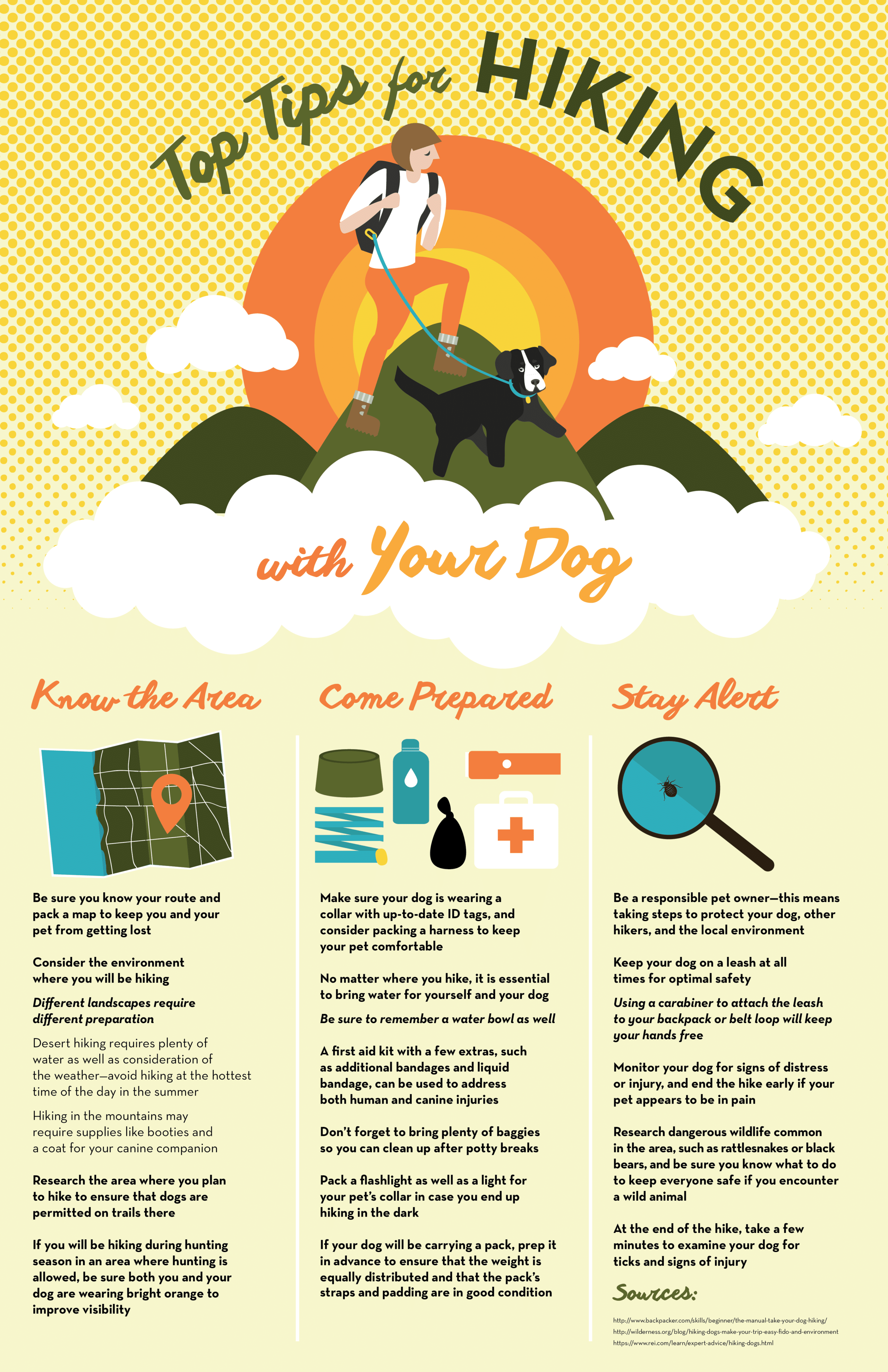 Info sheet with tips for safely hiking with your dog.