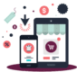 Illustration with eCommerce elements surrounding a smartphone and tablet.