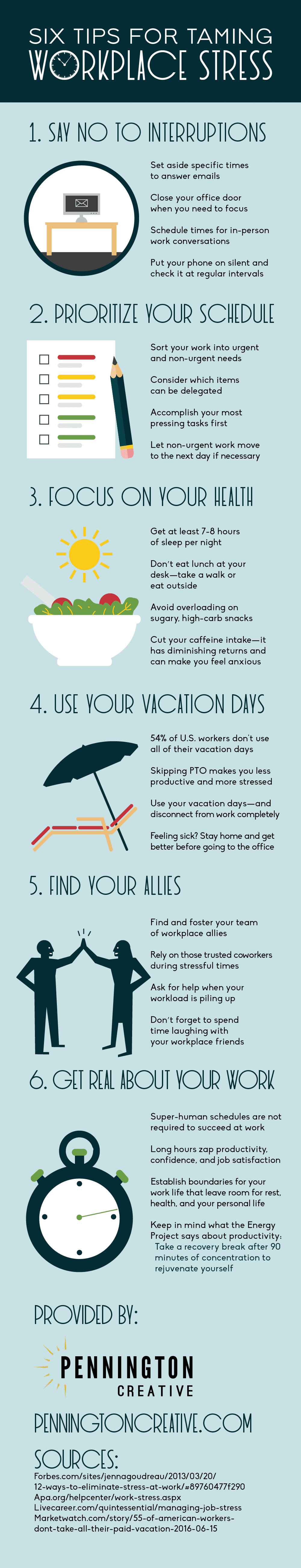Infographic with tips for preventing workplace stress.