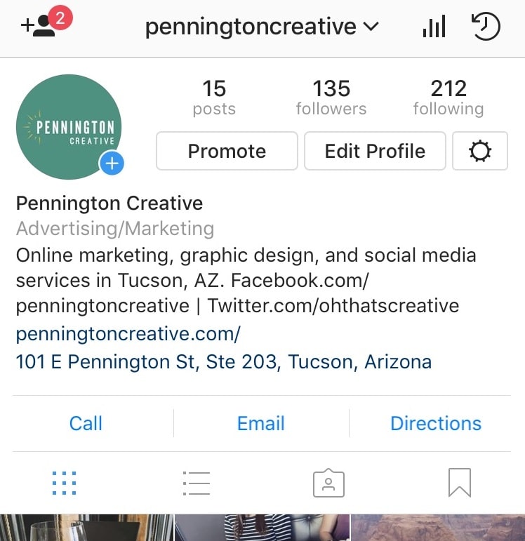 Screenshot of Instagram business profile.