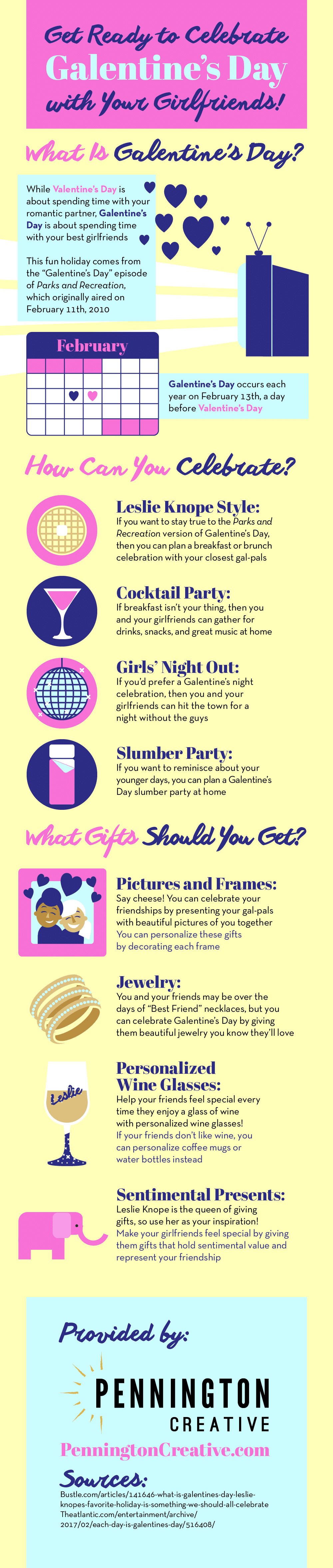 Infographic with tips for celebrating Galentine's Day on February 13.