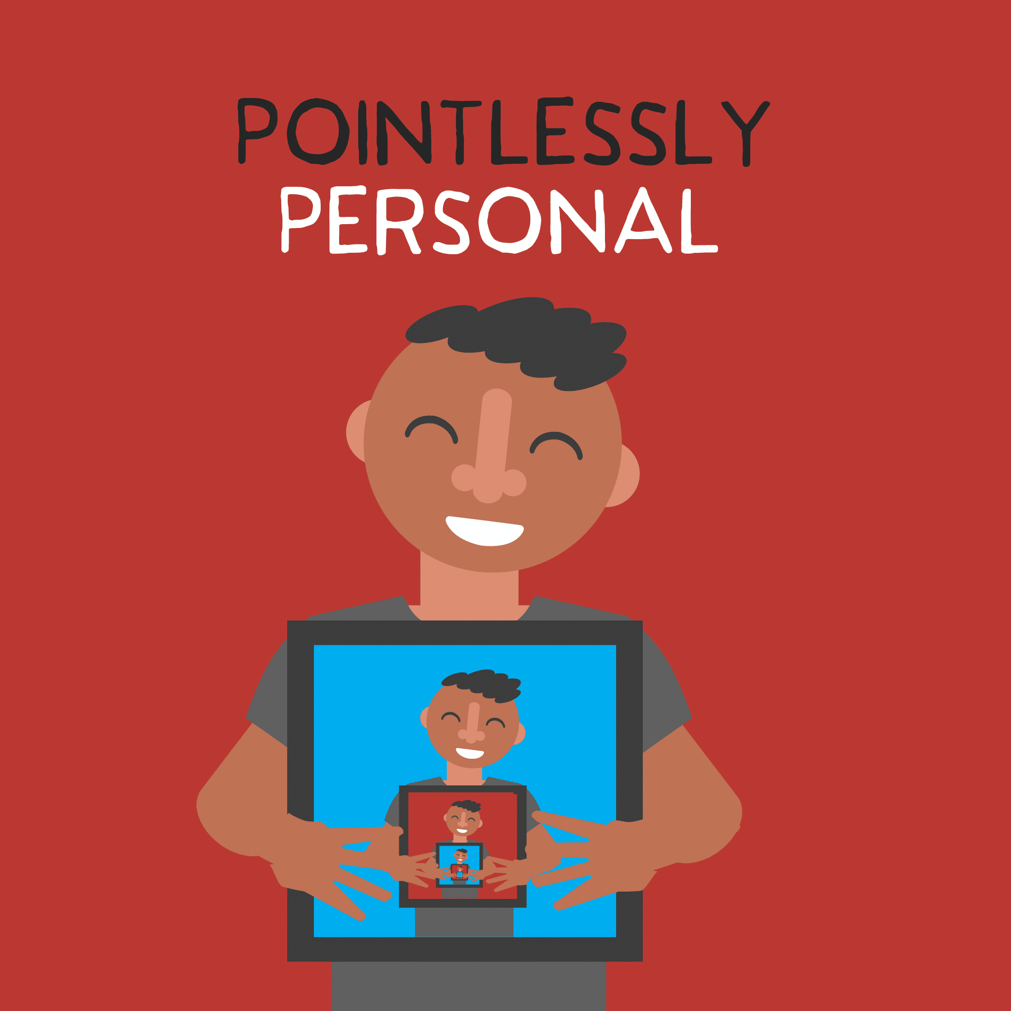 Illustration of a person holding a picture of himself holding a picture of himself.